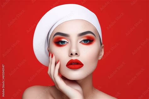 Beautiful woman with red lips and red makeup. Fashion model. White red color palette Stock ...