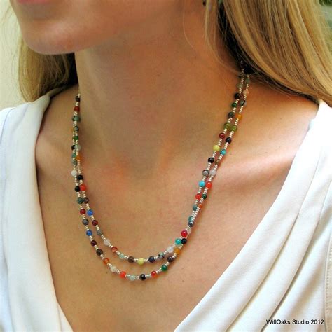 Multi Colored Bead Necklace, Colorful Long Stone Beaded Necklace, Layering Hippie Chain, Boho ...