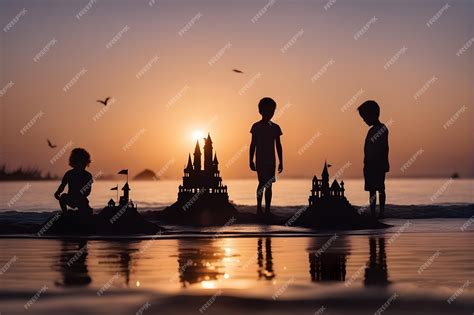 Premium AI Image | a sunset with a silhouette of children standing in the water