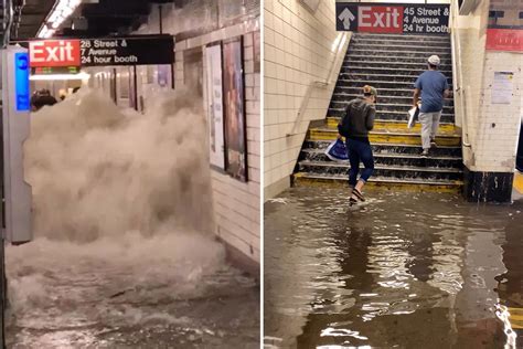Flooding in NYC sees spouts of water erupt in subway & New Yorkers wearing TRASH BAGS as Newark ...