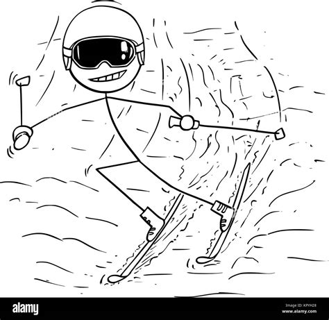 Cartoon stick man drawing illustration of male skiing downhill slope in ...