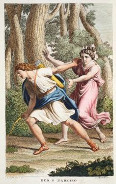 This painting shows Echo chasing Narcissus. I believe the painting depicts the love story in ...