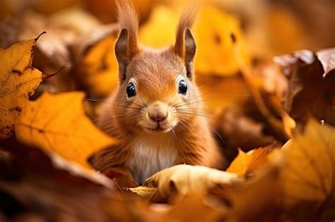 Premium AI Image | cute squirrel among autumn leaves