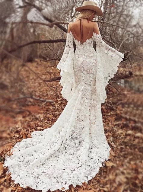 Long Boho Sleeves Wedding Dress Bold Lace Bohemian Bridal - Etsy