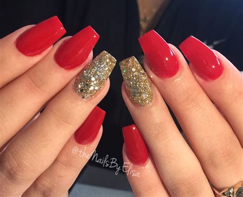 Red And Gold V Nails / The gold glitter accent nails and the dot of gold are simple, yet really ...