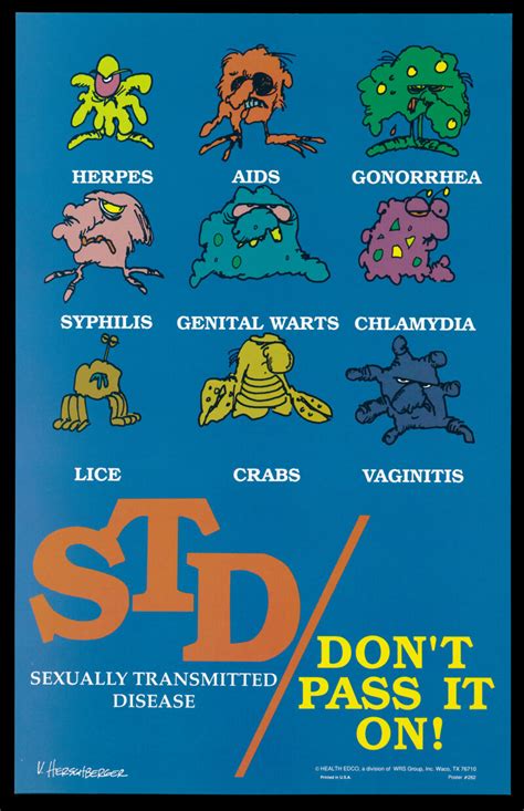 Personifications of sexually transmitted diseases with a warning 'Don't pass it on ...