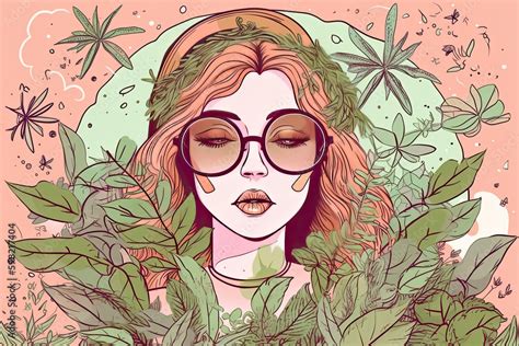 Pale girl with marijuana leaves and alien antennae. Stoner and psychedelic conceptual art with ...