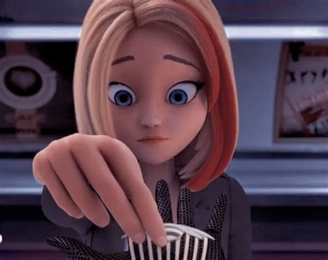 the animated character is pointing at something with her finger in front of her face,