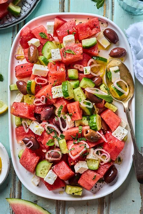 Watermelon Feta Salad Recipes, Watermelon And Feta, Big Salad Recipes, Mango Salad, Vegetarian ...