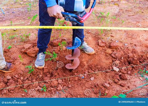 In Order To Install Fence Posts, Worker Digs Ground with a Gasoline ...