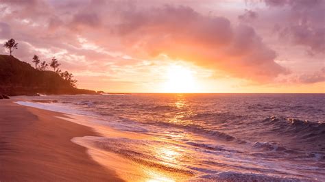 sea, beach, sunset, waves, surf, 4k HD Wallpaper