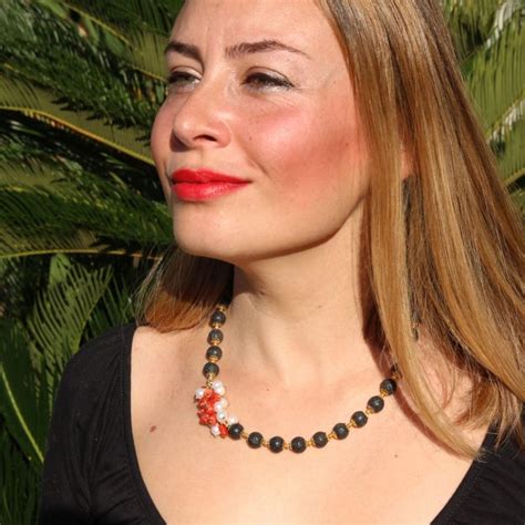 Silver, red coral, lava stone, and Baroque pearl necklace - Sicily Lover