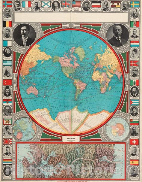 Historical Map, 1913 Spherical Projection World, Vintage Wall Art - Historic Pictoric