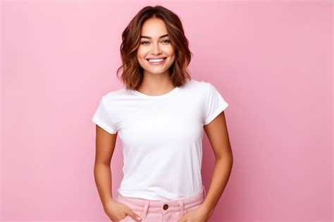 Premium AI Image | Young woman wearing bella canvas white shirt mockup at pink background Design ...