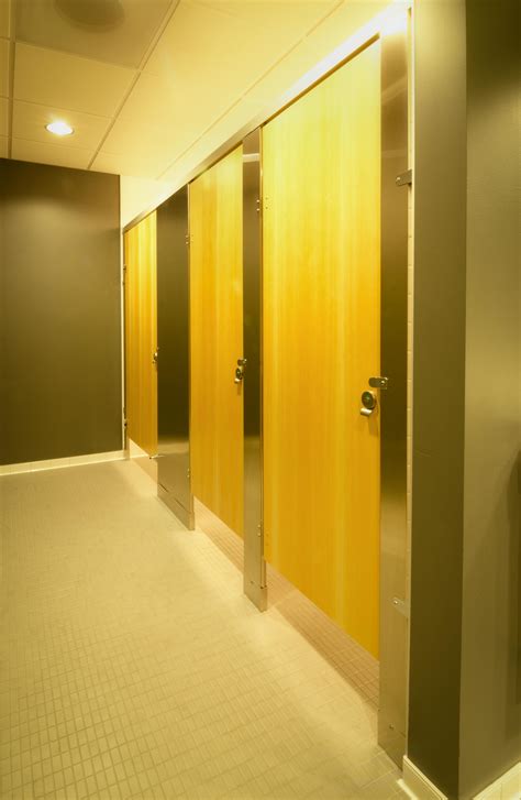 Ironwood Manufacturing wood veneer bathroom doors with metal toilet partitions. Beautiful, clean ...
