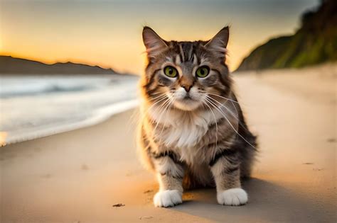 Premium Photo | A cat on a beach at sunset