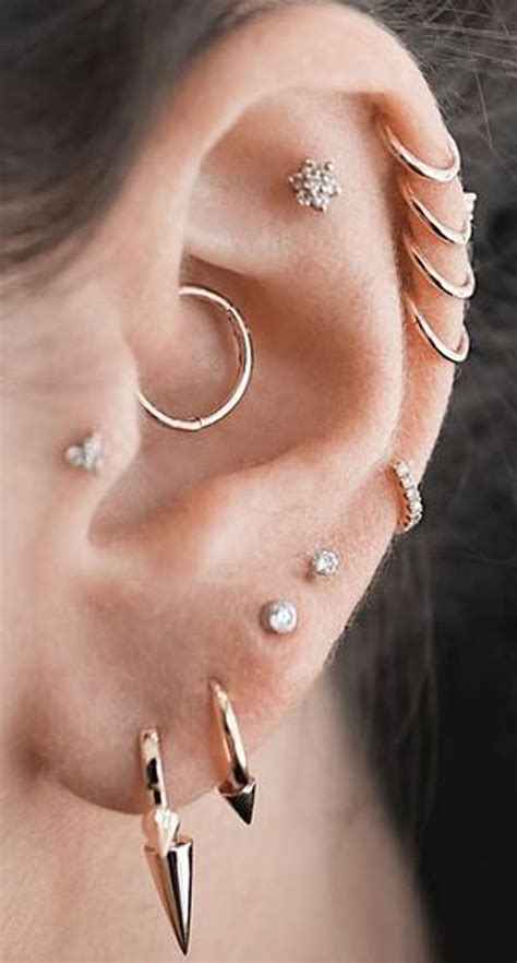 pretty ear piercing ideas multiple combinations cartilage helix daith ring hoop flower earring ...