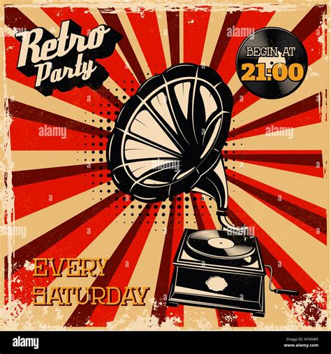 Retro party vintage poster template. Vintage style gramophone on grunge ...