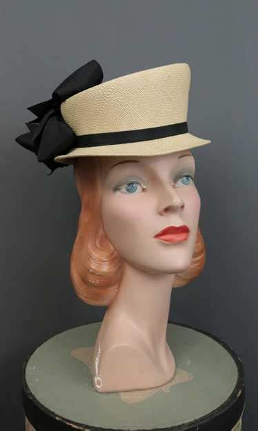 Vintage 1940s Tilt Hat Genuine Panama Straw with Blac… - Gem