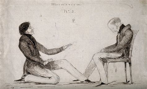 Lt. Col. Ashburnham performing animal magnetism on Lt. Col. Forbes. Pen and ink drawing, 183 ...