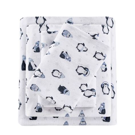 Queen Printed Cotton Flannel Sheet Set Blue Penguins : Target