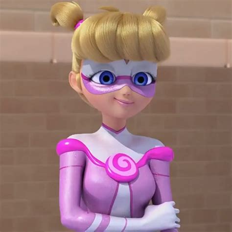 a cartoon character with blonde hair and blue eyes wearing a pink outfit, standing in front of a ...