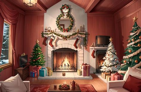 Premium Photo | Anime style a living room with a fireplace and a Christmas tree in the corner