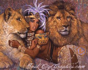 an image of a woman with two lions in front of her and the lion behind her