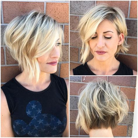 Inverted Blonde Textured Bob with Side Swept Bangs and Shadow Roots ...