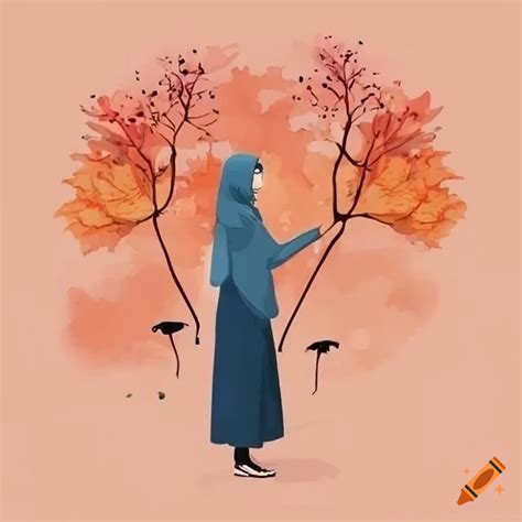 Watercolor painting of a girl in a hijab surrounded by autumn scenery