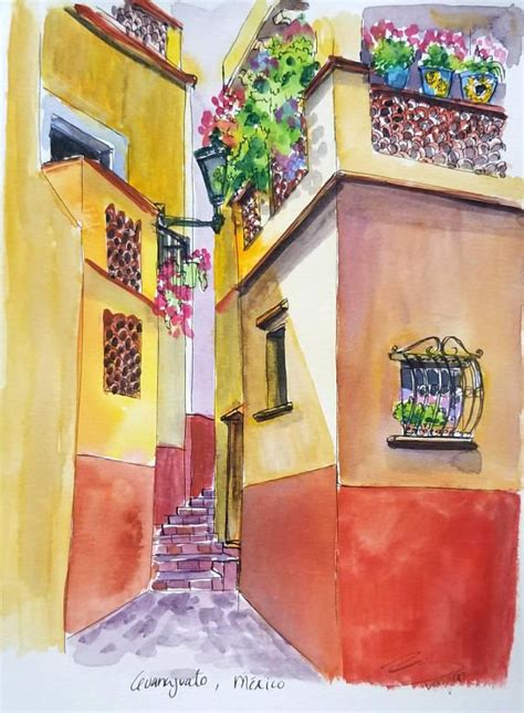 Original Ink and watercolor painting of Guanajuato, Mexico. "El callejón del beso" 9"x12 ...