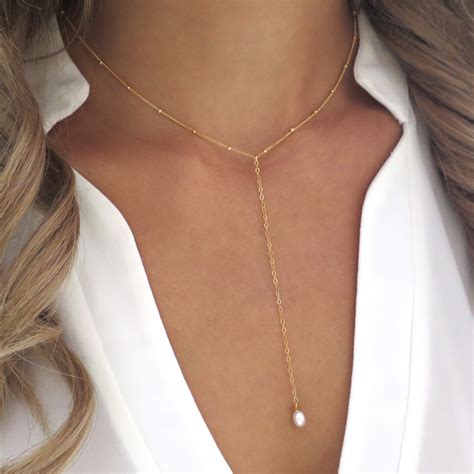 Y Necklace Gold Pearl Pearl Y Necklace Gold Lariat Necklace | Etsy