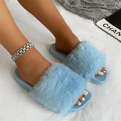 Candyfloss Baby Blue Fluffy Faux Fur Slippers | SIMMI London