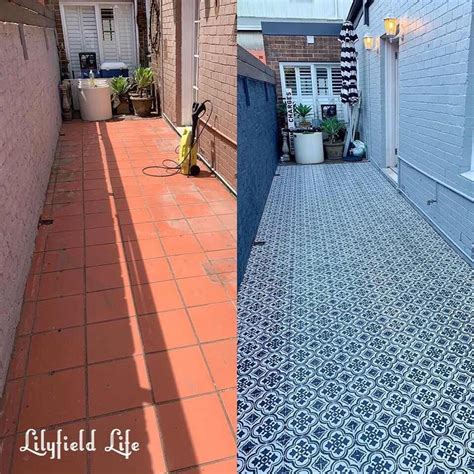 Affordable path update: stenciled tiles | Patio flooring, Outdoor tiles ...