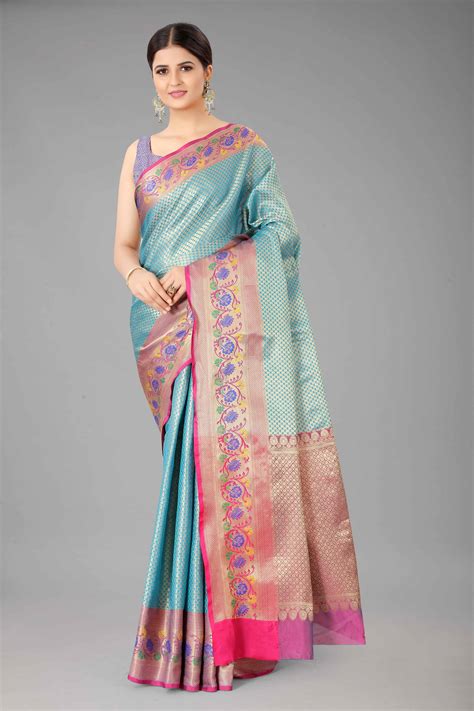 Women's Pure Kanjeevaram Woven Teal Saree - Silk Zone