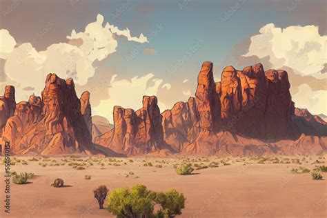 Wild west Texas desert landscape with mountains of canyon. Realistic Cartoon style for game art ...