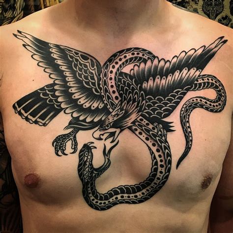 Eagle and Snake Tattoo, Black and Grey Tattoo | Traditional chest tattoo, Chest tattoo men ...