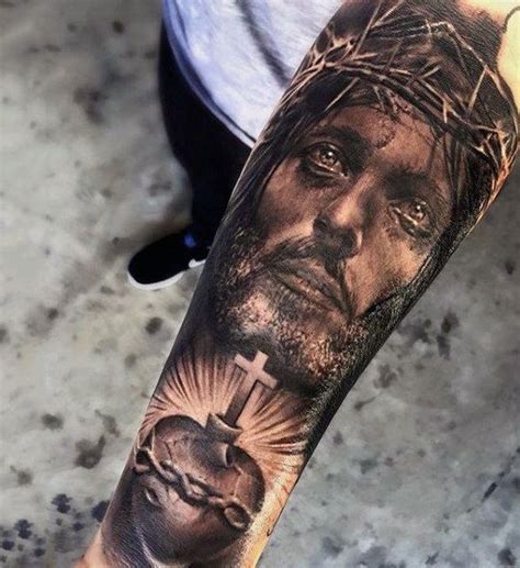 Realistic Jesus Christ Heart Forearm Sleeve Tattoo On Gentleman Christ ...