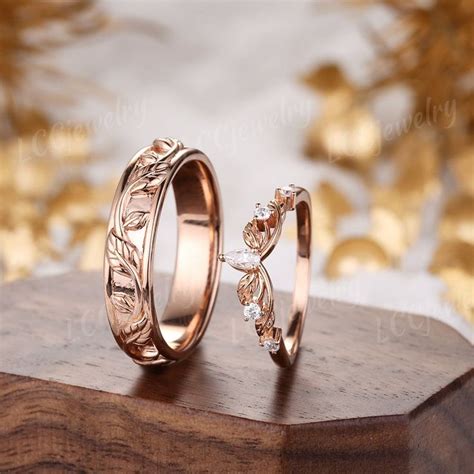 2pcs Leaf Couple Rings Set for Men and Women, Men Wedding Band, Moissanite Engagement Ring Set ...