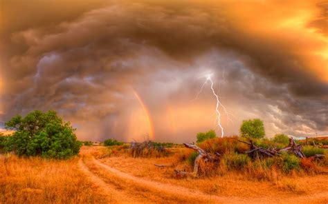 Download Rainbow Field Cloud Lightning Sky Nature Storm HD Wallpaper