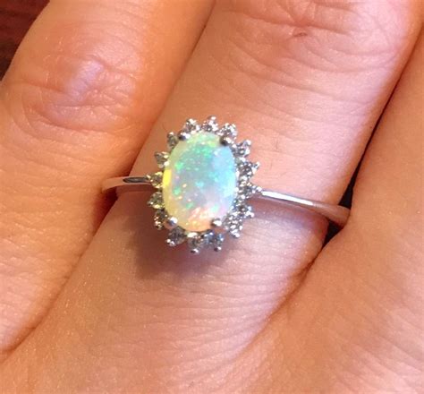 Oval Opal Halo Engagement Ring- Genuine Opal Promise Ring- Fire Opal Anniversary Ring- Solitaire ...