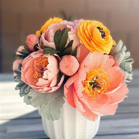 Coral Peonies Paper Flower Bouquet, With Ranunculus and Succulents, Paper Anniversary or Mother ...