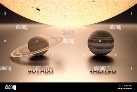 A rendered comparison of the Sun and the Planets Jupiter and Saturn with captions Stock Photo ...