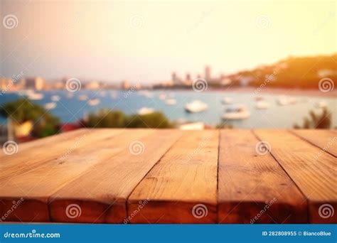 The Empty Wooden Brown Table Top with Blur Background of Seaside Resort. Exuberant. Stock ...