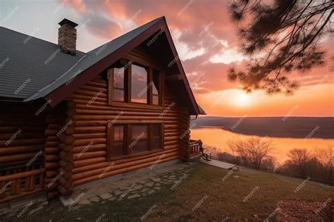 Premium AI Image | Log cabin house with view of lake and sunsets