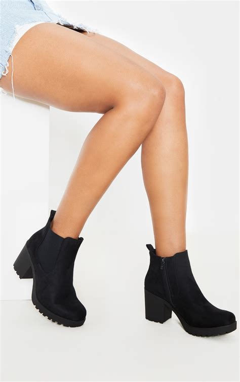 Black Faux Suede Cleated Chelsea Ankle Boots | PrettyLittleThing