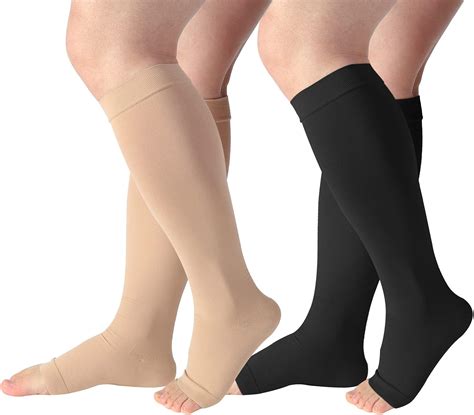 DICCO 2 Pairs Plus Size Compression Socks 20-30mmHg Wide Calf Knee High Open Toe Support Socks ...