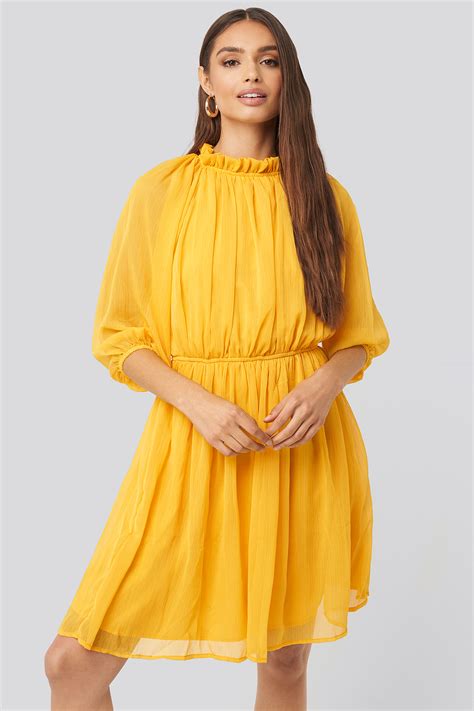 High Neck Elastic Waist Puff Dress Yellow | na-kdlounge.com