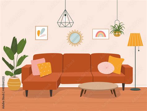 Furniture: sofa, bookcase, picture. Living room interior.Flat style cartoon vector illustration ...