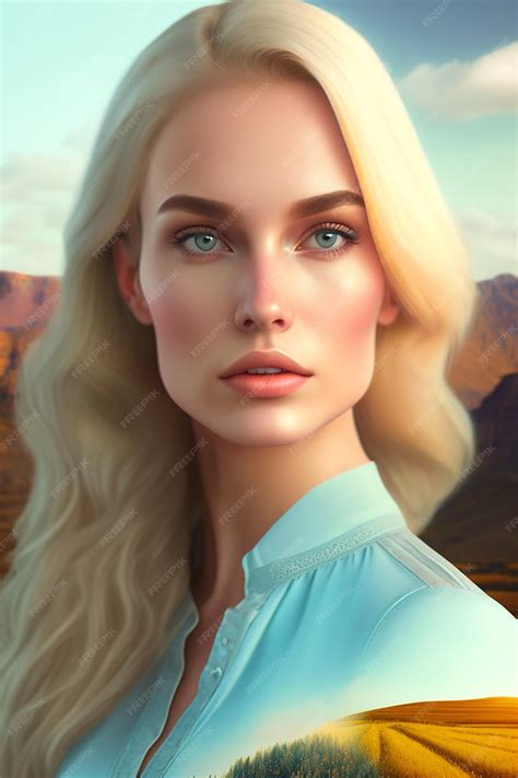 Premium AI Image | A woman with blue eyes stands in front of a mountain landscape